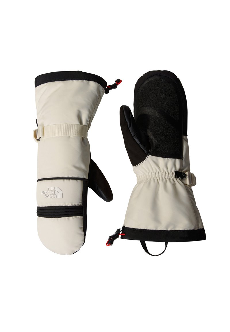 Vita och svarta isolerade vantar med justerbara handledsremmar och The North Face-logotyp på ena vanten.