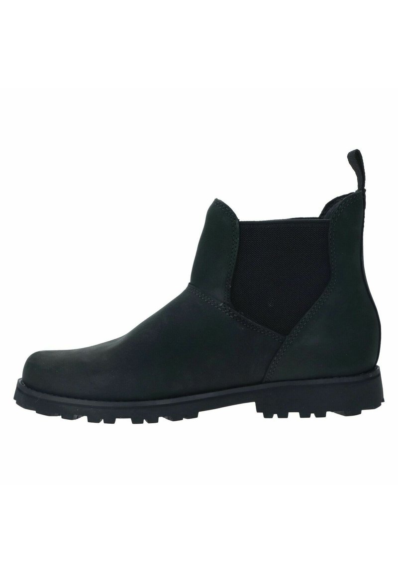 Stivali alla caviglia in pelle nera con pannelli elasticizzati, finitura texturizzata e suola in gomma robusta, dotati di una linguetta per facilitare l'indossamento.