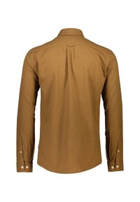 Bruine langlopende overhemd met een button-down kraag, met een rugnaaddetail en opgerolde mouwen met witte knopen. Gladde textuur.