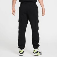 Pantalones cargo negros con cinturilla elástica, tobillos ajustados, bolsillos laterales y un bolsillo trasero. Hechos de una tela suave con características aplicadas en la parte posterior.