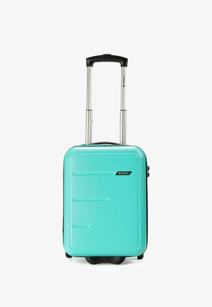 Helles türkises Hartschalenkoffer mit strukturiertem Oberflächen, einem ausziehbaren silbernen Griff und einem schwarzen Boden. Mit vertieften Streifen auf der Vorderseite.