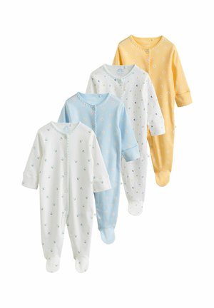 Four long-sleeve baby sleepsuits with feet, in white with small floral prints, pastel blue, white with tiny blue flowers, and yellow with white flowers.
