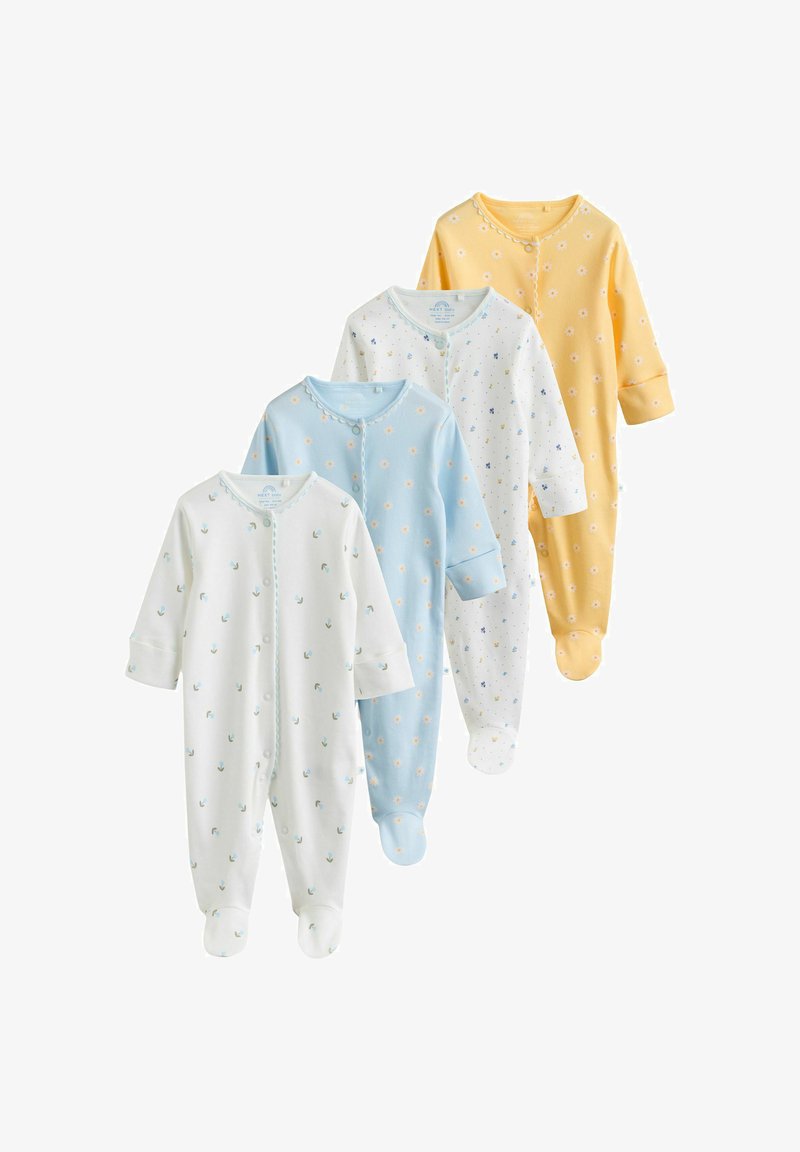 Quatre grenouillères pour bébé à manches longues avec pieds, en blanc avec de petits imprimés floraux, bleu pastel, blanc avec de petites fleurs bleues, et jaune avec des fleurs blanches.