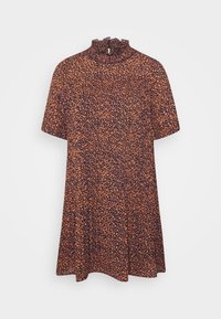 Kortsleeve klänning i strukturtyg av orange färg med ett mörkt blommönster, har en hög halsringning med elastisk kant och en utsvängd silhuett.