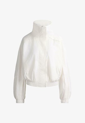 White high-neck bomber jacket with elastic cuffs and hem, long sleeves, and a concealed front zipper closure.