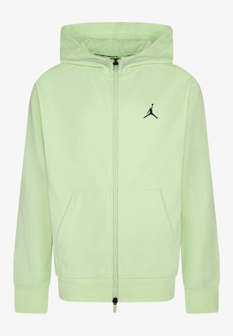Svetlozelená zipová mikina vyrobená z jemného materiálu, s dvoma prednými vreckami a čiernym logom Jordan na ľavej hrudi.