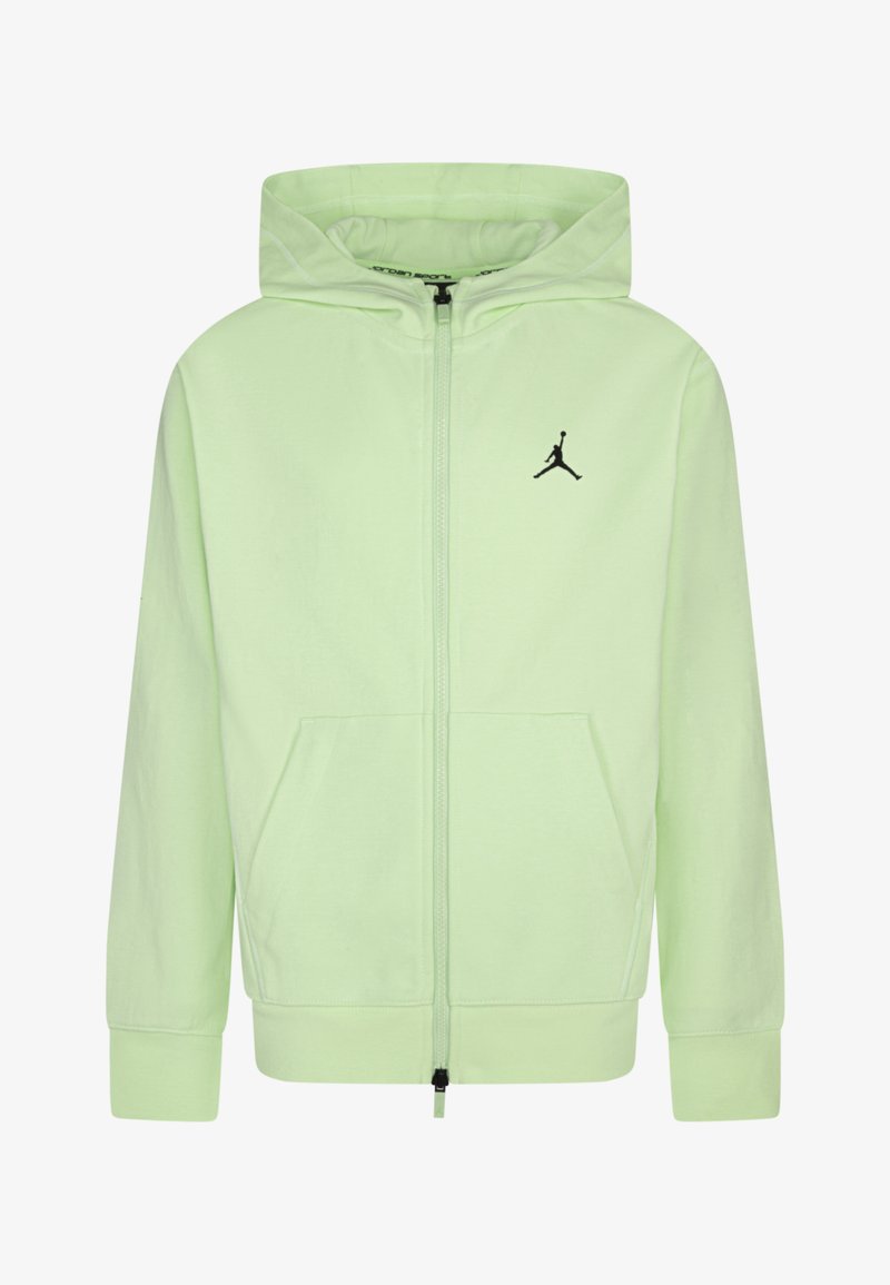 Svetlozelená zipová mikina vyrobená z jemného materiálu, s dvoma prednými vreckami a čiernym logom Jordan na ľavej hrudi.