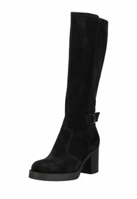 Bottes en suédine noires jusqu'aux genoux avec un talon épais, présentant un accent de boucle sur le côté, une texture lisse et des coutures contrastées.