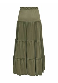 Falda maxi de color verde aceituna, con capas y hecha de tela suave. Presenta una cinturilla elástica y secciones fluidas con acentos fruncidos.