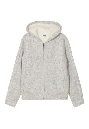 Sudadera con cremallera de punto gris, con un interior suave en color crema, presenta un patrón texturizado, dos bolsillos frontales y puños y dobladillo acanalados.