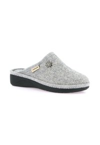 Pantofole grigie in feltro con profilo basso, forma arrotondata, accentate da un decorativo fiore d'argento e suola in gomma nera strutturata.