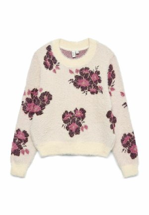 Krämfärgad fluffig tröja med blommönster i nyanser av rosa och mörkbrunt. Rund halsringning samt ribbat nederkant och mudd.