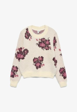 Crèmekleurige, pluizige trui met een bloemenpatroon in tinten roze en donkerbruin. Ronde halslijn en geribbelde zoom en manchetten.