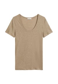 Beige T-shirt met korte mouwen en een ronde hals, gemaakt van zachte, textuurstof. Heeft een eenvoudig ontwerp zonder zichtbare patronen of accenten.