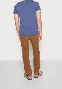 Modrá košile s krátkým rukávem spárovaná s hnědými kordovými kalhotami. Kalhoty mají žebrovanou texturu a boty jsou světle šedé s tmavými akcenty.