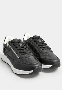 Black sneakers featuring a textured, faux snake skin upper, lace-up design, and a decorative zipper on the side. White sole accents.