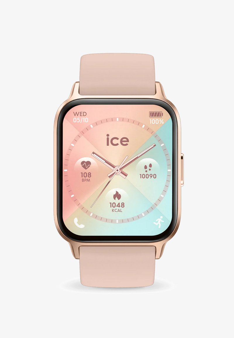 Montre intelligente avec un écran rectangulaire, cadre en or rose, cadran dégradé pastel, affichant la fréquence cardiaque, les calories et les pas. Bracelet rose doux.