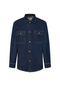 Giacca in denim blu scuro con maniche lunghe, due tasche sul petto e chiusura a bottoni. Presenta cuciture a contrasto e colletto.