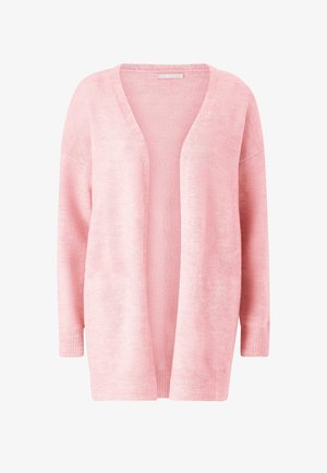 Lyserød cardigan lavet af blødt strikstof. Har V-udskæring, åben front og lange ærmer med ribstrik ved manchetter og kant.