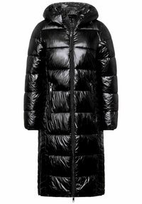 Abrigo de plumas negro con acabado brillante, capucha, diseño de longitud completa y bolsillos con cremallera. Presenta bafles horizontales para el aislamiento.