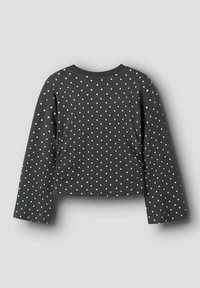 Bijgesneden lange mouwen top in donkergrijze katoen met witte polkadots, met een ronde hals en zachte textuur. Achteraanzicht weergegeven.