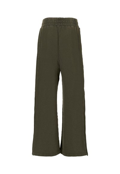 Pantaloni a gamba larga verde oliva, con una vita elastica, una consistenza morbida e dettagli sulle cuciture laterali per un fit oversize.
