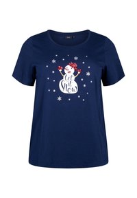 Mörkblå bomullströja med en snögubbe-grafik med paljetter och texten "Låt det snöa", omgiven av vita snöflakdesign.