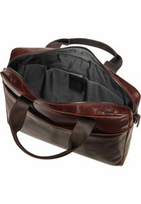 Dunkelbraune Ledertasche mit Reißverschluss, ausgestattet mit Stoffgriffen und einem schwarzen Innenraum mit Fächern zur Organisation.