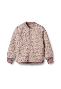 Tikitud bomber-jakk helepunases toonis lillemustriga. Soonikkoes mansetid ja ääred, esiküljel tõmblukuga sulgumine, pehme tekstuur, vabaaja disain.