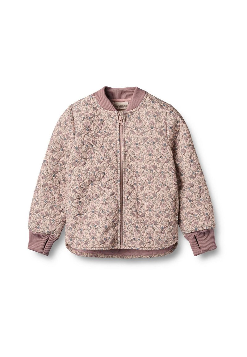 Tikitud bomber-jakk helepunases toonis lillemustriga. Soonikkoes mansetid ja ääred, esiküljel tõmblukuga sulgumine, pehme tekstuur, vabaaja disain.
