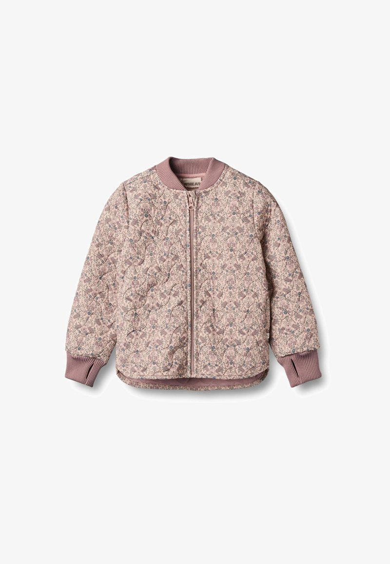 Tikitud bomber-jakk helepunases toonis lillemustriga. Soonikkoes mansetid ja ääred, esiküljel tõmblukuga sulgumine, pehme tekstuur, vabaaja disain.