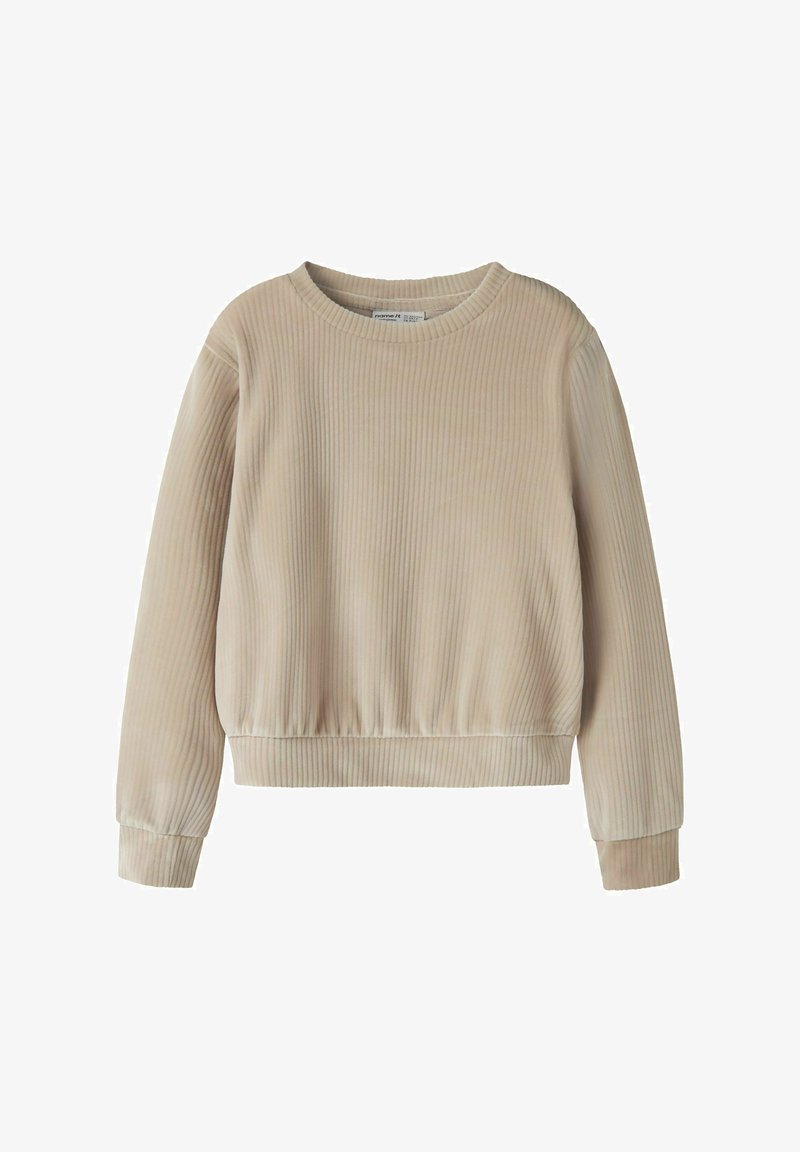 Crèmekleurige geribbelde sweater met een ronde halslijn, lange mouwen en een geplooide zoom. Zachte textuur met een subtiele glans en elastische manchetten.