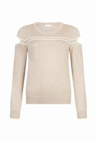 Beige Strickpullover mit Ausschnitten an den Schultern, gerippten Bündchen und Rundhalsausschnitt. Mit horizontalem weißen Streifen auf der Vorderseite. Weicher Stoff.