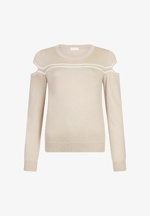 Maglione beige a maglia con design a spalle scoperte, polsini e scollatura a coste. Presenta una striscia orizzontale bianca sulla parte anteriore. Tessuto morbido.