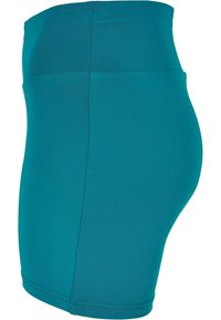 Teal sportieve shorts met een hoge tailleband, gemaakt van rekbaar materiaal. Gladde textuur zonder zichtbare patronen of hardware.