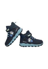 Granatowe dziecięce buty typu high-top z teksturowaną cholewką, z zapięciem na rzep oraz jasnoniebieską podeszwą z detalem przedstawiającym postać z kreskówki.