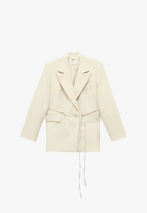 Lichtbeige getailleerde blazer met een dubbele knoopsluiting, grote revers, zijzakken en een strikceintuur. Gemaakt van gestructureerde stof.