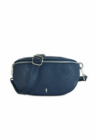 Torebka crossbody z pikowanej granatowej skóry, z srebrnym zamkiem błyskawicznym i regulowanym paskiem. Posiada małe logo na przodzie oraz zaokrąglony kształt.