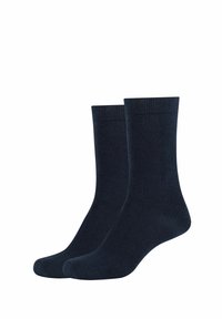 Mørkeblå bomuldsstrømper med ribbet kant, midt på læggen, og glat tekstur. Har et klassisk design uden mønstre eller detaljer.