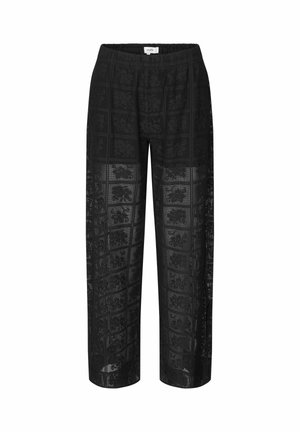 Pantaloni negri semitransparenți, drepti, cu suprapunere de dantelă florală și talie elastică.