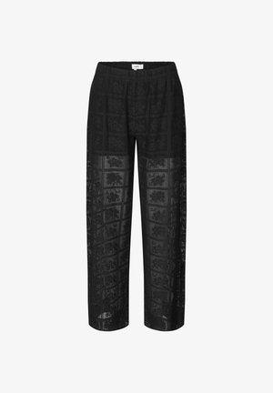 Pantaloni negri semitransparenți, drepti, cu suprapunere de dantelă florală și talie elastică.