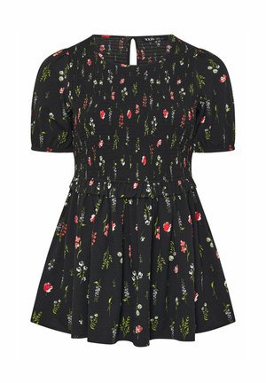 Schwarzes kurzärmeliges Kleid mit gerafftem Oberteil, kleinem rotem, weißem, rosa und grünem Blumenmuster, offenem Rückenausschnitt und ausgestelltem Rock mit Rüschendetail.