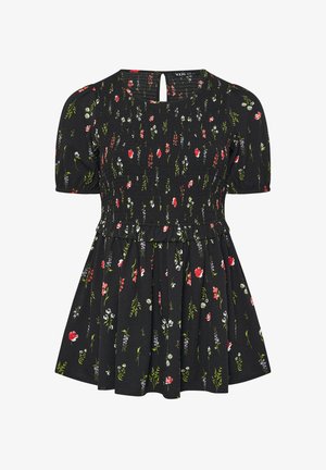 Schwarzes kurzärmeliges Kleid mit gerafftem Oberteil, kleinem rotem, weißem, rosa und grünem Blumenmuster, offenem Rückenausschnitt und ausgestelltem Rock mit Rüschendetail.