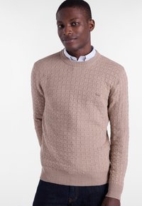 Beige knit sweater with a textured check pattern, crew neckline, ribbed cuffs, and hem, worn over a light blue collared shirt.