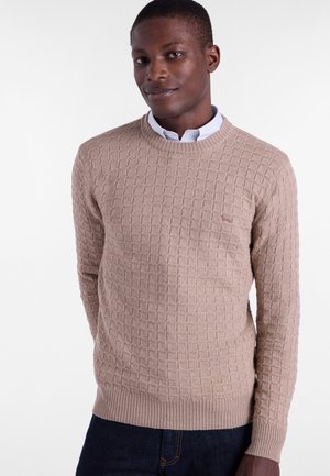 Pull en tricot beige avec un motif à carreaux texturé, col rond, poignets et ourlet côtelés, porté sur une chemise à col bleu clair.