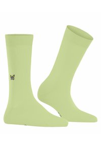 Chaussettes vert clair avec un poignet côtelé et une cheville, présentant un motif de papillon brodé en rose, jaune et bleu sur le côté.