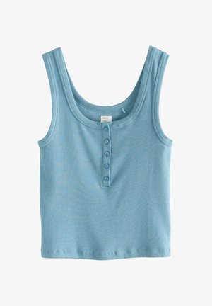 Niebieski bezrękawnik pokazany, wykonany z prążkowanej tkaniny z okrągłym dekoltem i pięcioma guzikami z przodu.