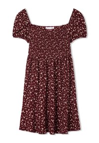 Abito bordeaux con maniche corte a sbuffo e corpino smockato. Presenta un motivo floreale, gonna fluida e design a lunghezza ginocchio.