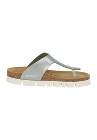 Korkplatta halksandal med silverfärgad syntetrem och vit gummisula. Har öppen tå och en lätt bågstödsdesign.
