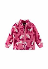 Giacca in pile rosa con colletto alto, chiusura con zip e motivo leopardato in tonalità di rosa e bianco. Polsini a coste rosa.